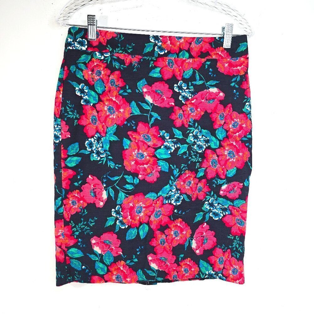 Ann Taylor Red Black Floral Rose Canvas Pencil Skirt
